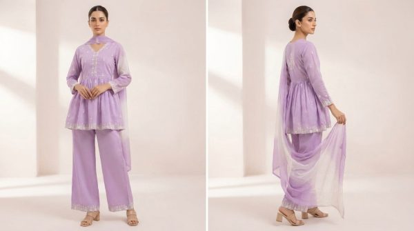 Pastel Lavender Embroidered Peplum Kurti with Palazzo & Dupatta - 3-Piece Set