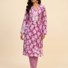 Berry Magenta Floral Print Straight Kurti with Tapered Pants - 2-Piece Co-Ord Set