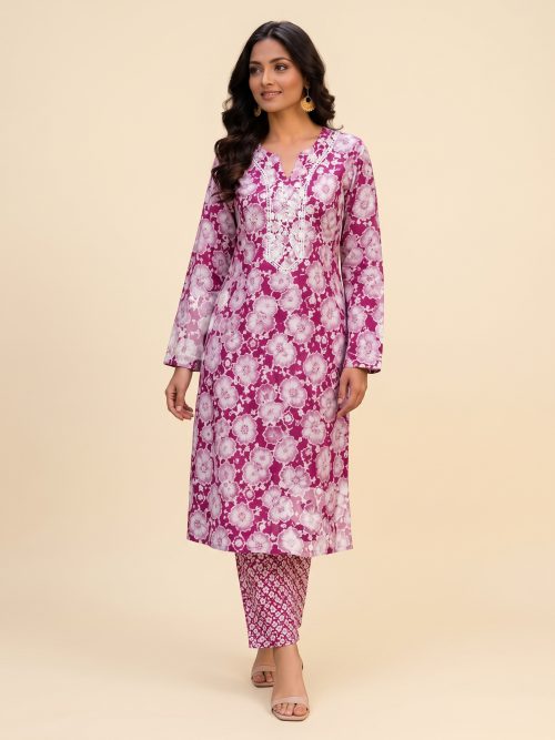 Berry Magenta Floral Print Straight Kurti with Tapered Pants - 2-Piece Co-Ord Set