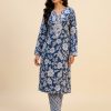 Indigo Navy Floral Embroidered V-Neck Kurta with Chevron Trousers - 2-Piece Set