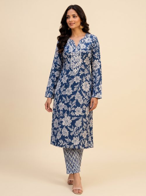 Indigo Navy Floral Embroidered V-Neck Kurta with Chevron Trousers - 2-Piece Set