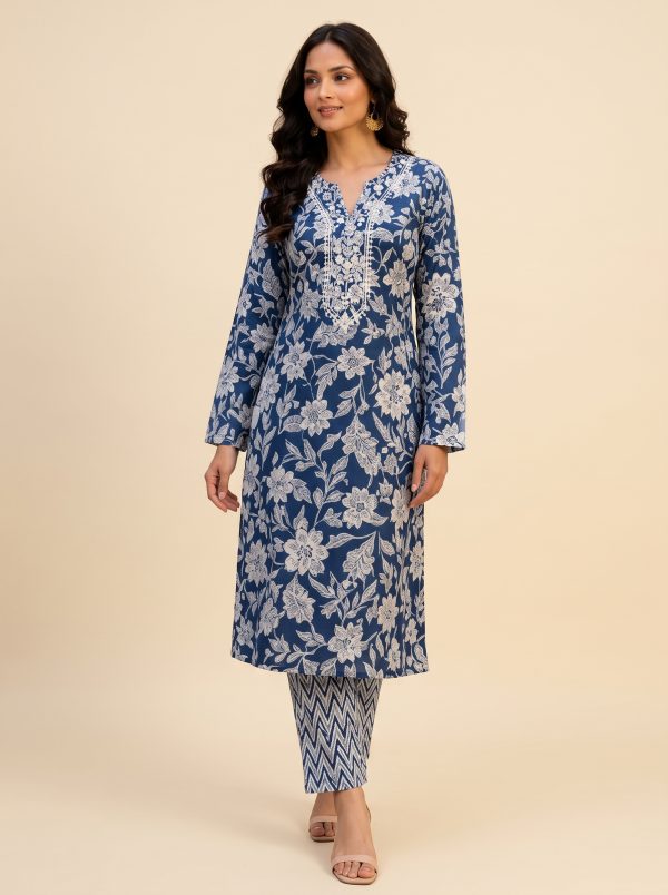 Indigo Navy Floral Embroidered V-Neck Kurta with Chevron Trousers - 2-Piece Set