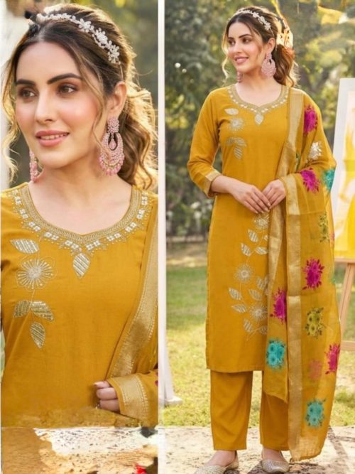 Mustard Yellow Embroidered Kurta Set with Zari Dupatta - Festive 3-Piece Suit