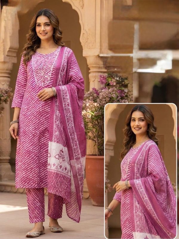 Rani Pink Leheriya Print Cotton Kurta Set with Dupatta - Traditional 3-Piece Suit