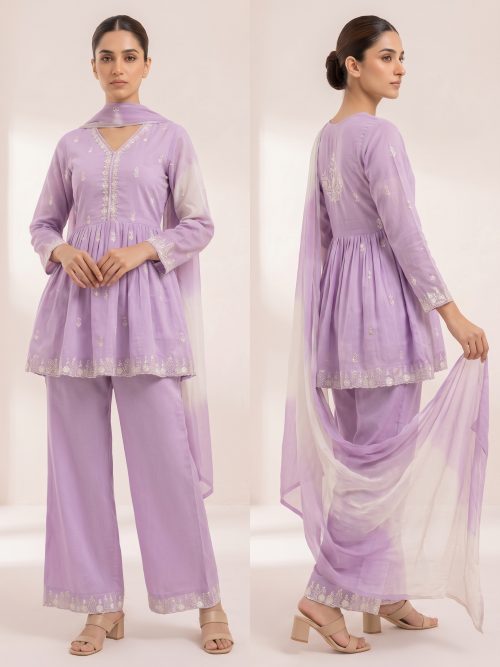 Pastel Lavender Embroidered Peplum Kurti with Palazzo & Dupatta - 3-Piece Set