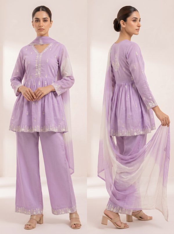 Pastel Lavender Embroidered Peplum Kurti with Palazzo & Dupatta - 3-Piece Set