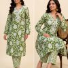 Olive Green Floral Embroidered Kurti with Chevron Pants - 2 Piece Cotton Co-Ord Set