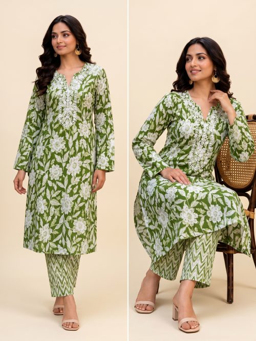 olive-green-khurti-set Olive Green Floral Embroidered Kurti with Chevron Pants - 2 Piece Cotton Co-Ord Set