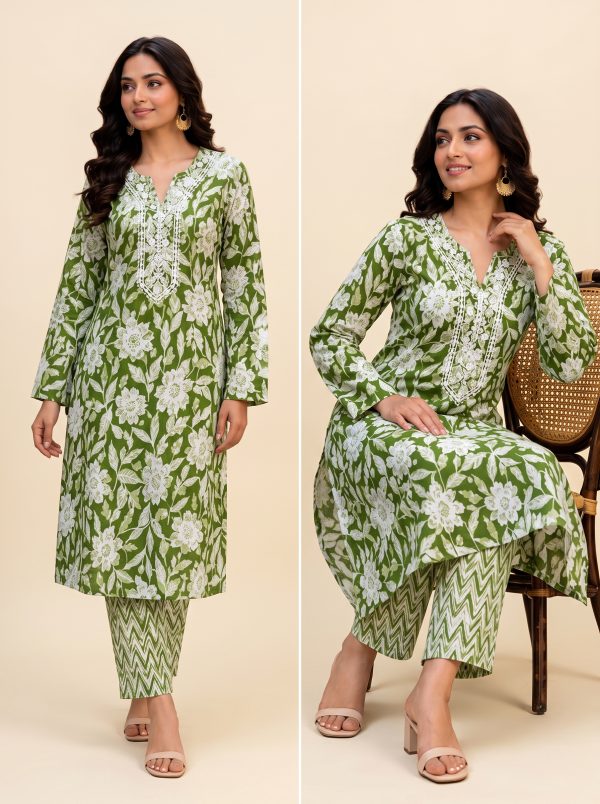 Olive Green Floral Embroidered Kurti with Chevron Pants - 2 Piece Cotton Co-Ord Set