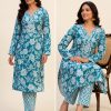 Teal Blue Floral Printed Kurti with Zig-Zag  Pants - 2-Piece Ethnic Set