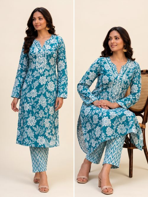Teal Blue Floral Printed Kurti with Zig-Zag  Pants - 2-Piece Ethnic Set