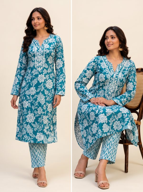 Teal Blue Floral Printed Kurti with Zig-Zag  Pants - 2-Piece Ethnic Set